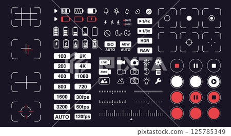 Camera interface. Smartphone camera UI icons. Mobile phone viewfinder, photo settings. Tablets digital cameras, photography apps, mobile video accessories. Vector cellphone symbols 125785349