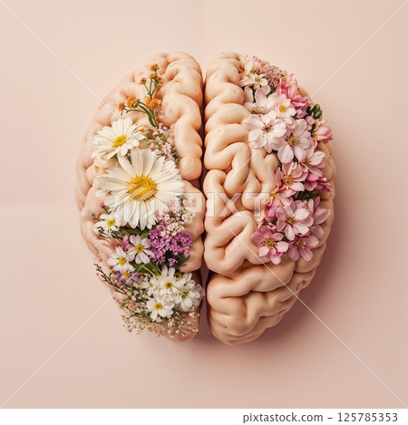 Illustration of human brain decorated with flowers. 125785353