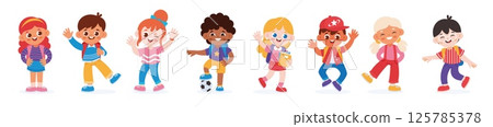 Kids characters. Cute children group. Happy school child, kindergarten kid, boys and girls in different poses with smiling faces. Kids staying, jumping, waving. Vector set 125785378