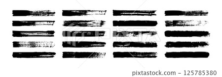 Brush stroke. Black paintbrush. Hand drawn horizontal textured grunge lines for text. Grange marker texture. Thick paint shapes, long highlight banners, ink brushes. Vector set 125785380