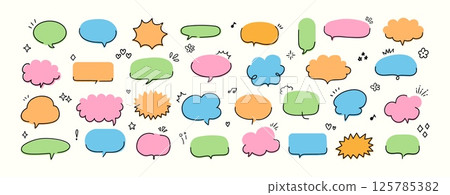 Doodle speech bubbles. Line simple frame. Hand drawn decorative speech balloon, text communicative box. Outline cute stickers for notepad, comic cloud for title. Vector set 125785382