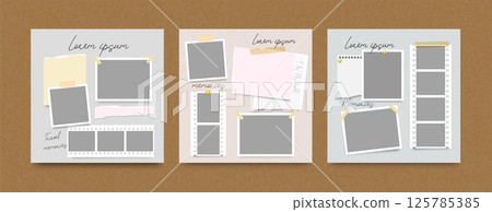 Empty photo frames. Blank frame collage. Memories creativity mood board. Minimalist photo frame with notice, paper sheet, pin and tape. Digital scrapbook wall. Vector set 125785385