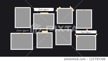 Photos frame composition. Empty photo frames hanging on wall. Abstract picture card mockup. Collage simple frames. Border holder with pin, gallery wall. Digital vector set 125785386
