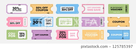 Coupon. Discount offer. Gift voucher, price tag, sale ticket for marketing, online store, promotion. Shopping coupons with scissors cut dotted line, percent sign. Vector set 125785397