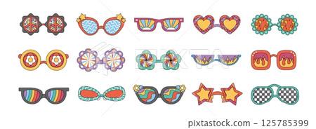 Retro groovy sunglasses. Cartoon hippie glasses. Vintage psychedelic 70s eyewear in different shapes with fire, flowers, stars, rainbow. Funky pattern. Vector party collection Retro groovy sunglasses. Cartoon hippie glasses. Vintage psychedelic 70s eyewear in different shapes with fire, flowers, stars, rainbow. Funky pattern. Vector party collection 125785399