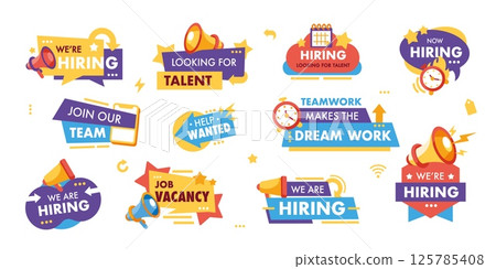 Megaphones offer banners. Hiring megaphone labels. Recruitment job vacancy. Communication teamwork loudspeaker. Job announcement. HR and career vector badges Megaphones offer banners. Hiring megaphone labels. Recruitment job vacancy. Communication teamwork loudspeaker. Job announcement. HR and career vector badges 125785408