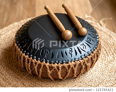 Black Steel Tongue Drum with Wooden Mallets on Woven Mat 125785421