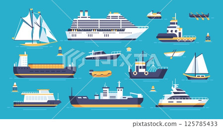 Flat sea ships. Cartoon marine transport. Sailing, cargo, cruise luxury ocean liners, small fishing boats, motorboats regattas rowboats, steamboats tugboats. Vector collection 125785433
