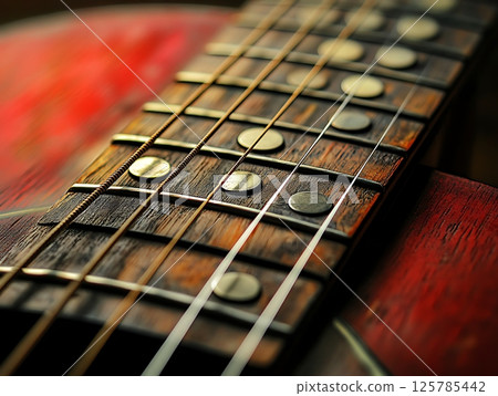 Close-Up View of Guitar Strings and Wooden Fretboard Design 125785442