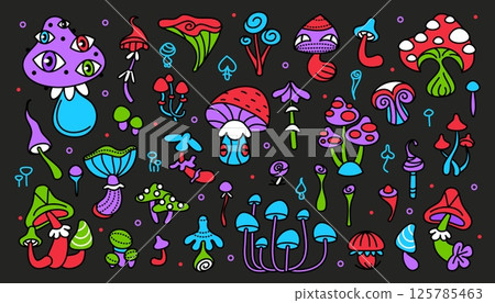 Psychedelic mushrooms. Retro hippy trippy mushroom. Cartoon funky hallucinogenic fungi. Magic trip. Groovy mycelium. Colorful mystical toadstools. Vector sticker set 125785463
