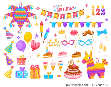 Birthday party elements. Holiday celebrating with decoration. Festive decorative kids accessories stickers. Cute gifts, balloons, dessert, flags, candle. Event objects. Vector set 125785467