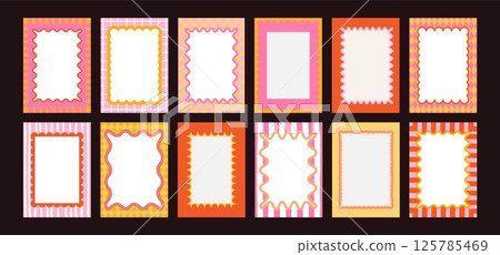 Doodle wavy frames. Geometric curvy edges border. Curved frame with wave, squiggly shapes. Hand drawn pattern square box for poster, invitation cards. Vector colorful set Doodle wavy frames. Geometric curvy edges border. Curved frame with wave, squiggly shapes. Hand drawn pattern square box for poster, invitation cards. Vector colorful set 125785469