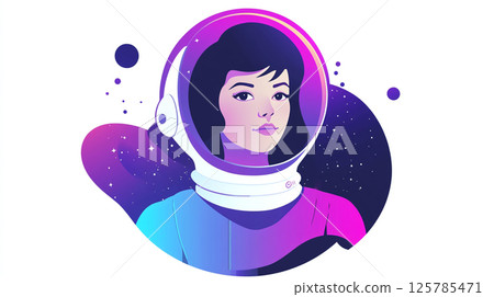 illustration of female astronaut, against cosmic background. Woman in in space helmet 125785471
