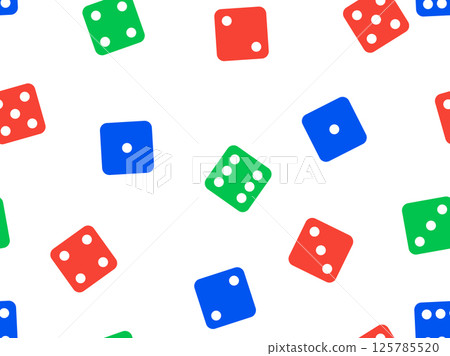 Dice seamless pattern. Green, red and blue craps dice on white background, top view. Casino dice game. Design for apps, banners, booklets, covers. Vector illustration 125785520
