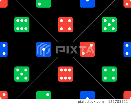 Dice seamless pattern. Green, red and blue craps dice on black background, top view. Casino dice game. Design for apps, banners, booklets, covers. Vector illustration 125785521