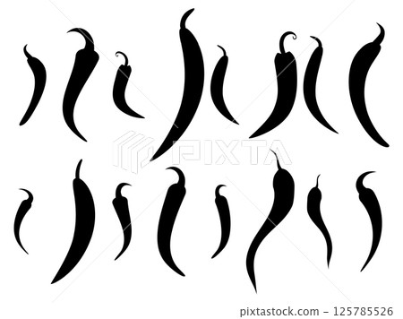 Black chili pepper silhouettes set. Collection of spicy capsicum shapes. Isolated on white background. Perfect for food design, packaging, labels, covers, banners. Vector illustration Black chili pepper silhouettes set. Collection of spicy capsicum shapes. Isolated on white background. Perfect for food design, packaging, labels, covers, banners. Vector illustration 125785526