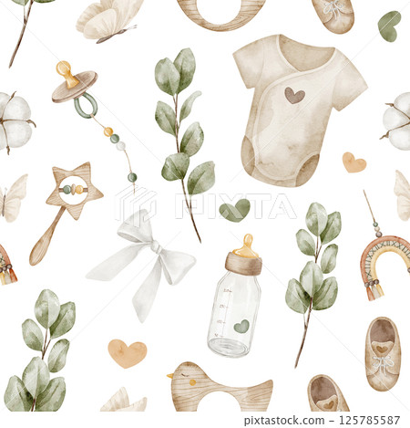 Seamless watercolor pattern with Infant clothing, eucalyptus leaves, hearts, ribbons, and toys. Illustration of backdrop with bottle and pacifier for Baby shower design or childish wrapping paper 125785587