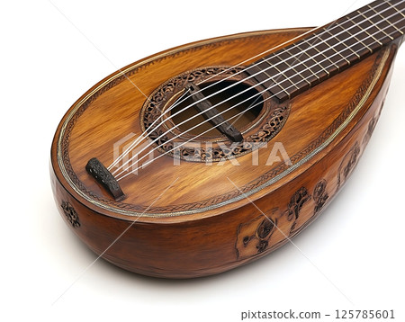 Handcrafted Wooden Lute with Detailed Carvings and Fine Strings 125785601