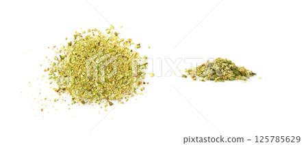 Fried salt pistachio nuts isolated. Baked pistachios pile, roasted green pistache fruits on white 125785629