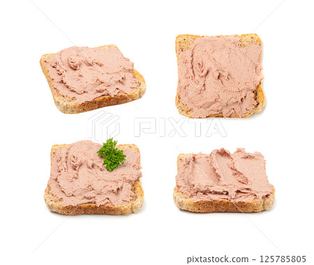 Meat Paste Toast Bread Isolated, Tuna Pate Sandwiches, Terrine Toasts, Chopped Liver Mousse, Fish Paste Canape 125785805