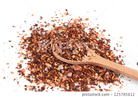 Chili and salt seasoning, red chilli pepper spice powder, dry crushed hot pepper flakes 125785812
