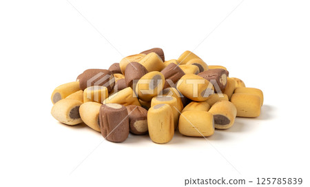 Filled dog biscuits, crackers isolated, soft crunchy pet treats pile, flavored small canine cookie 125785839