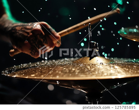 Close-Up of Tattooed Hand Striking Cymbal Dramatically 125785895