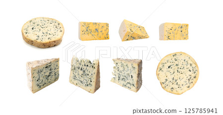Piece of Blue Mold Cheese on White Background Close Up 125785941