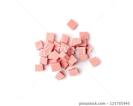 Diced Mortadella Slice Isolated, Luncheon Meat Cut, Chicken Ham Cubes, Boiled Sausage for Breakfast 125785945
