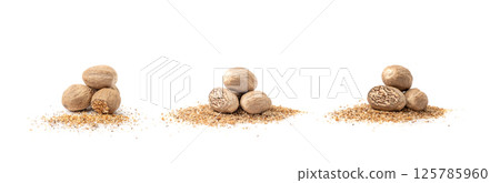 Nutmeg Isolated, Myristica Fragrans Fruit, Dry Spicy Nutmeg Powder, Grated Whole Muscat Nut, Nut Meg 125785960