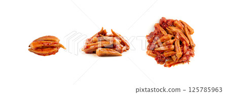 Stewed okra, cooked bamya fruits isolated, traditional asian dish bamia in red sauce, okra stew closeup Stewed okra, cooked bamya fruits isolated, traditional asian dish bamia in red sauce, okra stew closeup 125785963