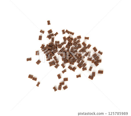 Mini bone-shaped pet food, small dogs crunchy treats, flavored brown dry kibble, canine food Mini bone-shaped pet food, small dogs crunchy treats, flavored brown dry kibble, canine food 125785989