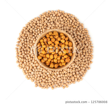 Roasted chickpeas, leblebi pile, spicy fried chana, crispy chick peas with mint and spices, east snack 125786008