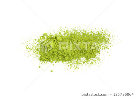 Matcha powder isolated, green tea dust pile, spirulina flour, powdered chlorella, dry extract 125786064