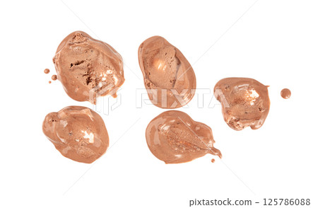 Melted chocolate ice cream isolated, real melting cocoa icecream drops, chocolate ice stain Melted chocolate ice cream isolated, real melting cocoa icecream drops, chocolate ice stain 125786088