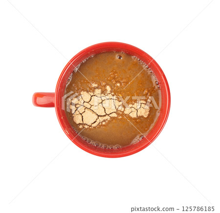 Maca powder drink isolated, dry Peruvian ginseng beverage, powder in water, ground ayak willku tea 125786185
