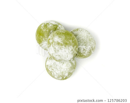 Matcha mochi rice cake, green tea daifuku, Japanese traditional dessert, round wagashi Matcha mochi rice cake, green tea daifuku, Japanese traditional dessert, round wagashi 125786203