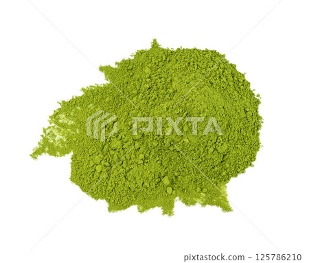Matcha powder isolated, green tea dust pile, spirulina flour, powdered chlorella, dry extract 125786210