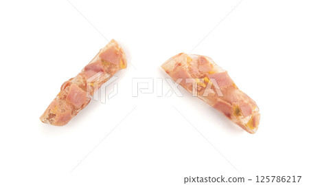 Meat jelly slices, ham aspic isolated, sausage, aspic jelly, winter meat galart, brawn on white Meat jelly slices, ham aspic isolated, sausage, aspic jelly, winter meat galart, brawn on white 125786217