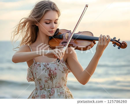 Graceful Violinist Performing in Floral Dress by the Beach 125786260