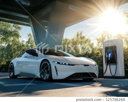 Futuristic Electric Car Charging at Innovative Station in Nature 125786268