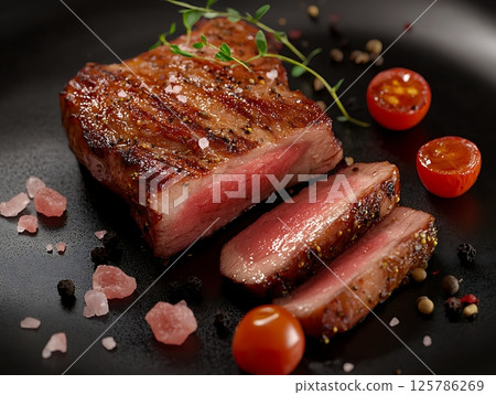 Perfectly Grilled Steak with Salt, Herbs, and Tomatoes 125786269