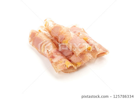 Meat jelly slices, ham aspic isolated, sausage, aspic jelly, winter meat galart, brawn on white 125786334