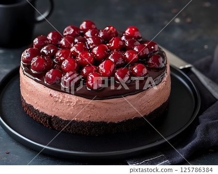Rich Chocolate Cherry Cheesecake with Glossy Topping and Berries Rich Chocolate Cherry Cheesecake with Glossy Topping and Berries 125786384