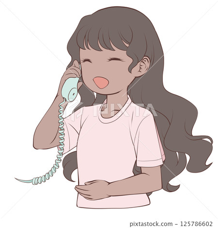 A young woman with dark skin talking on a phone, smiling 125786602