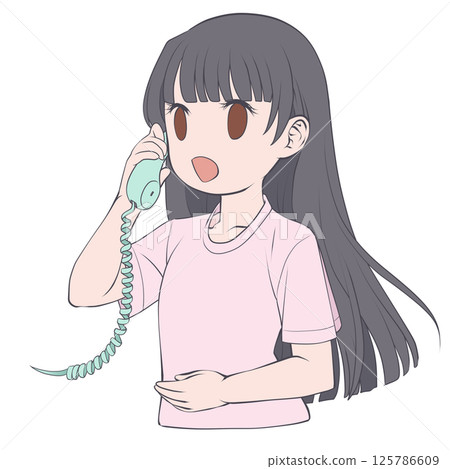 一位黑髮年輕女子在電話裡微笑著交談 一位黑髮年輕女子在電話裡微笑著交談 125786609