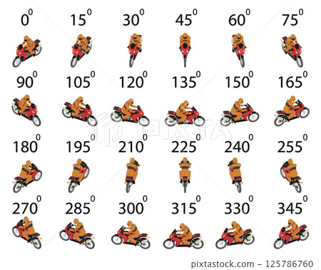A set of 24 isometric racing motorcycles  from different angles.  125786760