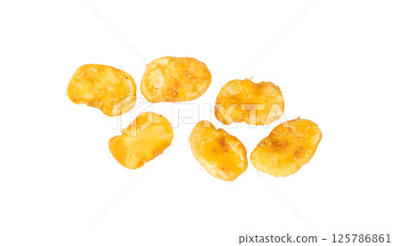 Roasted broad beans snack isolated, fried vicia faba, spicy legume, crispy big beans chips for salads 125786861