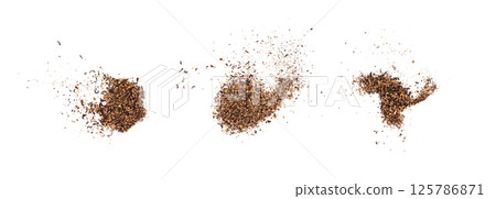 Dry black tea with hibiscus, fruits isolated. Raspberry seeds red tea, karkade flower leaves Dry black tea with hibiscus, fruits isolated. Raspberry seeds red tea, karkade flower leaves 125786871