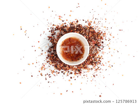 Orange jam with chili isolated, apricot chilli pepper marmalade smear, spicy fruit jelly fruity confiture 125786913